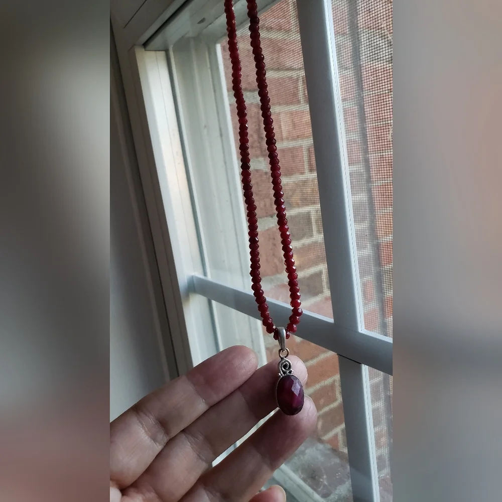 Natural Faceted Ruby & Silver Pendant On Beaded Ruby Strand. NWOT. Artisan-made. - Picture 3 of 5